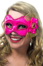 Floral Hot Pink and Gold Braided Fabric Masquerade Mask for Women View 1