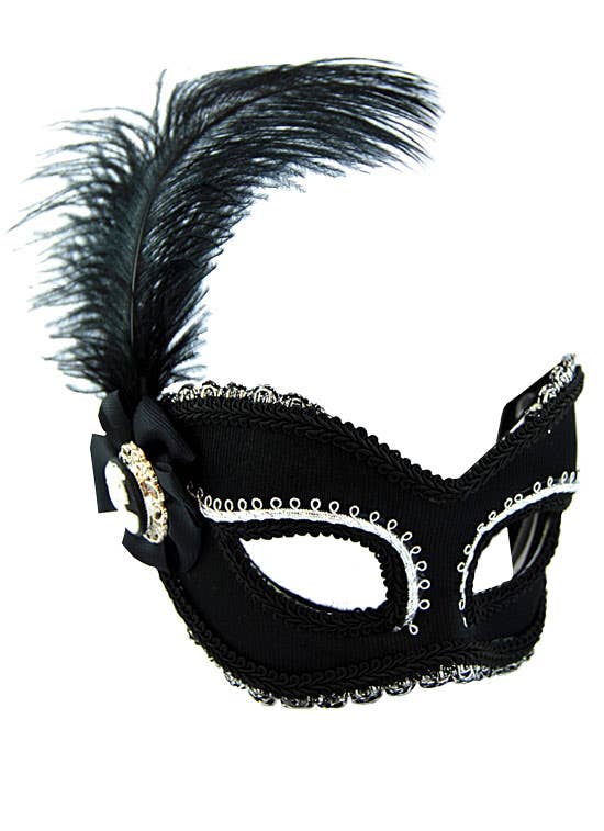 Black and Silver Masquerade Mask with Black Side Feather