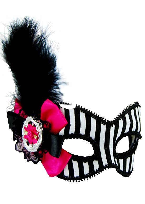 Black and White Striped Masquerade Mask with a Decorative Pink Side Bow and Feather