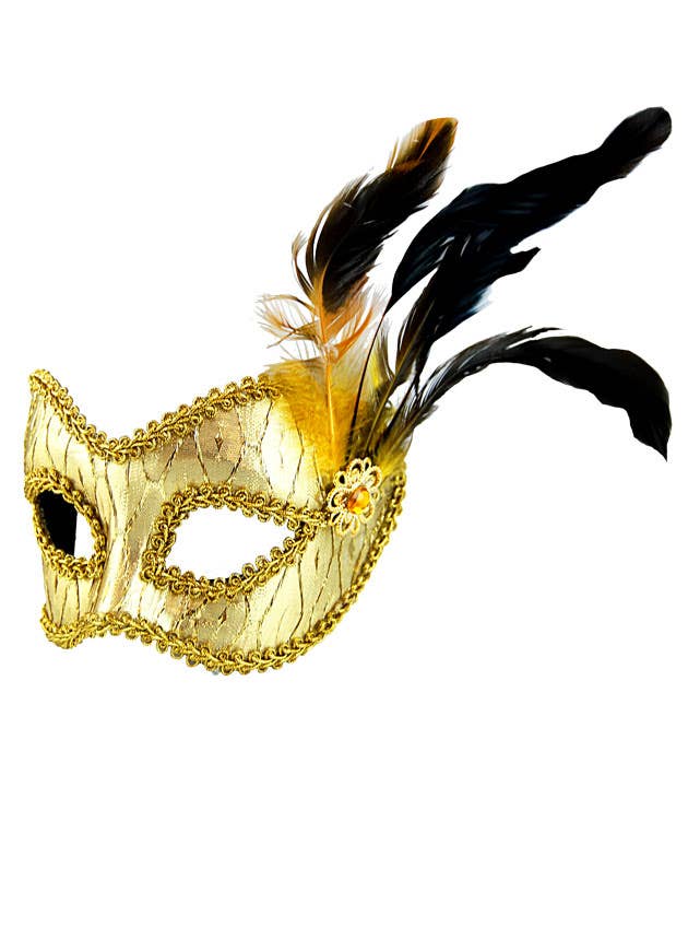 Metallic Gold Masquerade Mask with Gold Trim and Feathers 