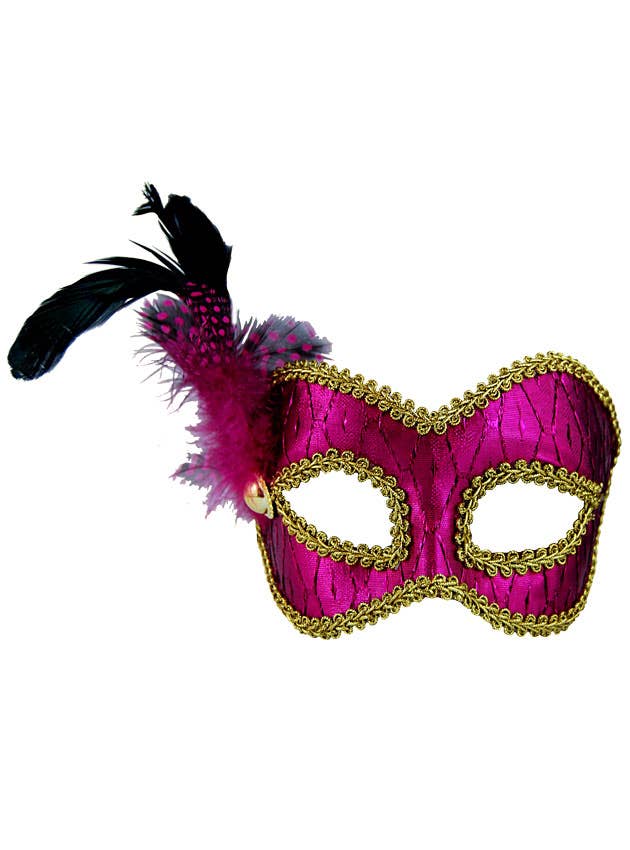 Metallic Hot Pink Masquerade Mask With Gold Trim and Black and Pink Side Feathers