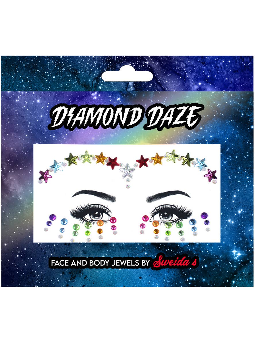 Stars and Dots Rainbow Pride Stick On Face Gems - Packaging Image