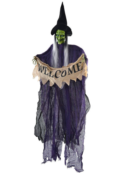 Image of Tattered Purple Witch with Welcome Sign Halloween Decoration