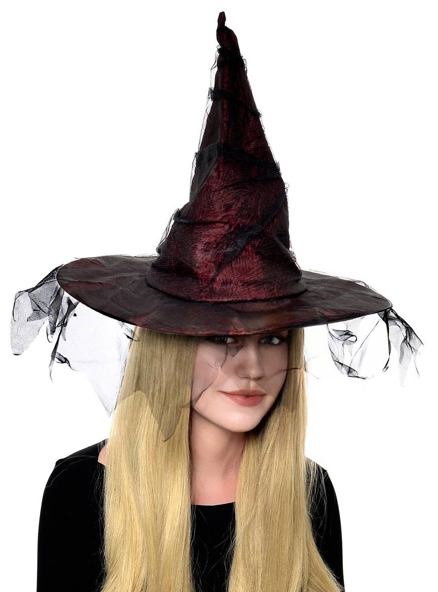 Women's Maroon Red Tattered Witch Halloween Costume Hat Alternate Look
