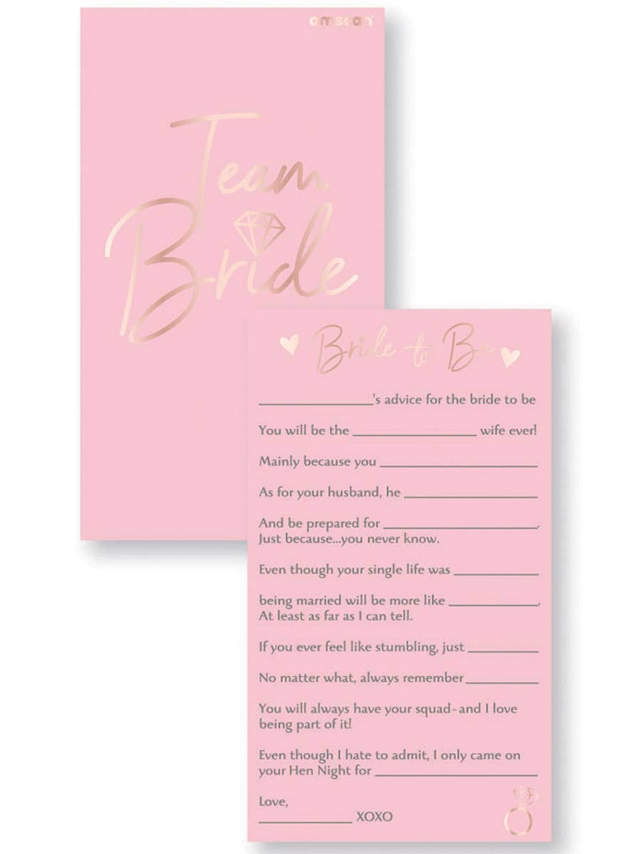 Image of Team Bride Pink 8 Pack Hens Night Advice Cards