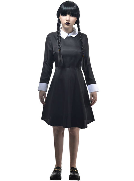 Image of Long Sleeve Wednesday Addams Teen Girls Halloween Costume - Front View