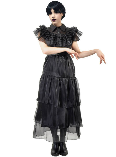 Image of Deluxe Teen Girl's Wednesday Black Party Dress Costume - Front View