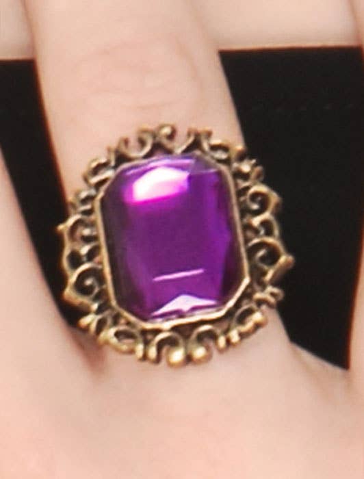 Decorative Gold Metal Costume Ring with Large Purple Faux Jewel  
