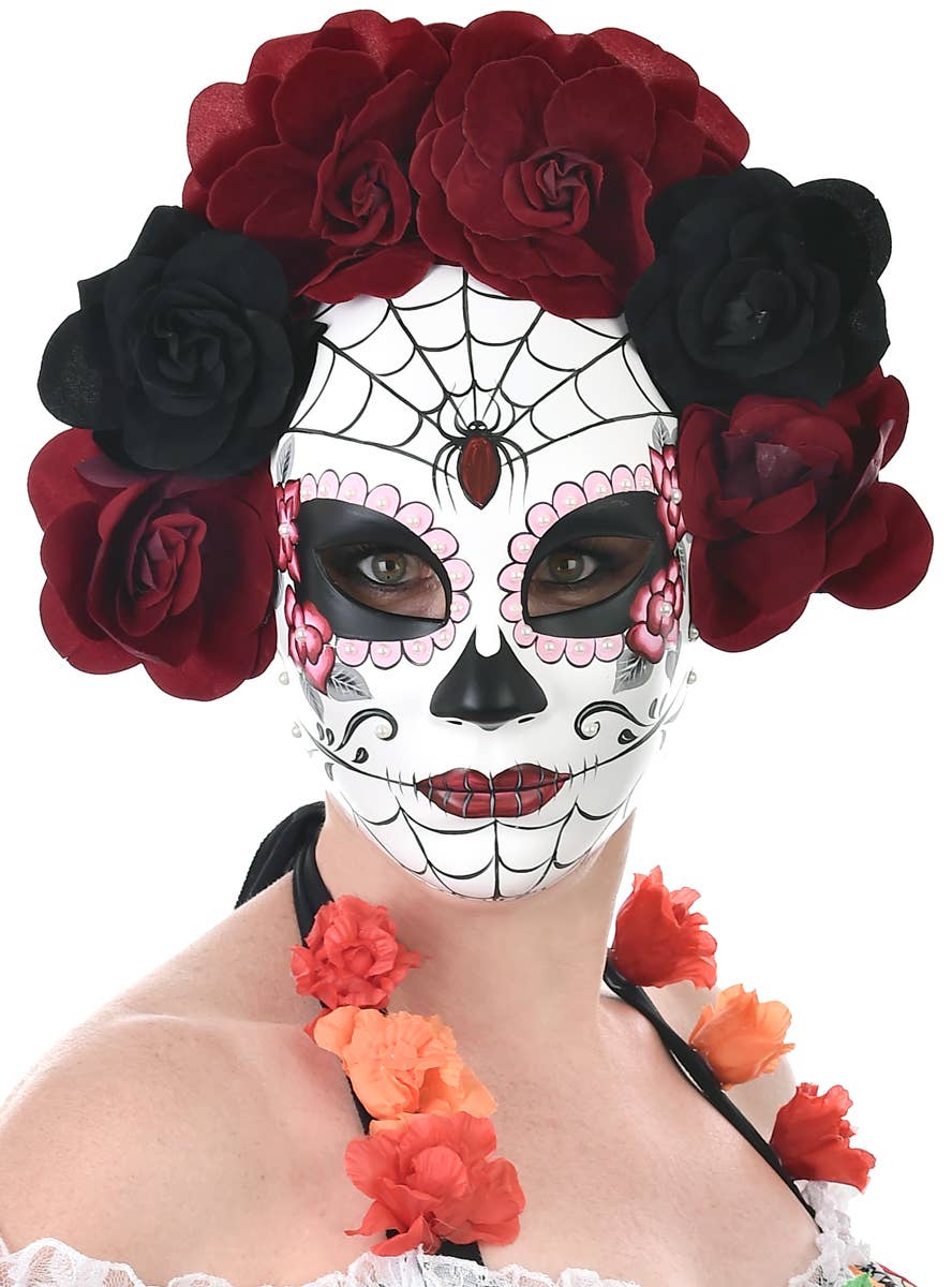Day of the Dead Spider Web Masquerade Mask with Black and Red Roses