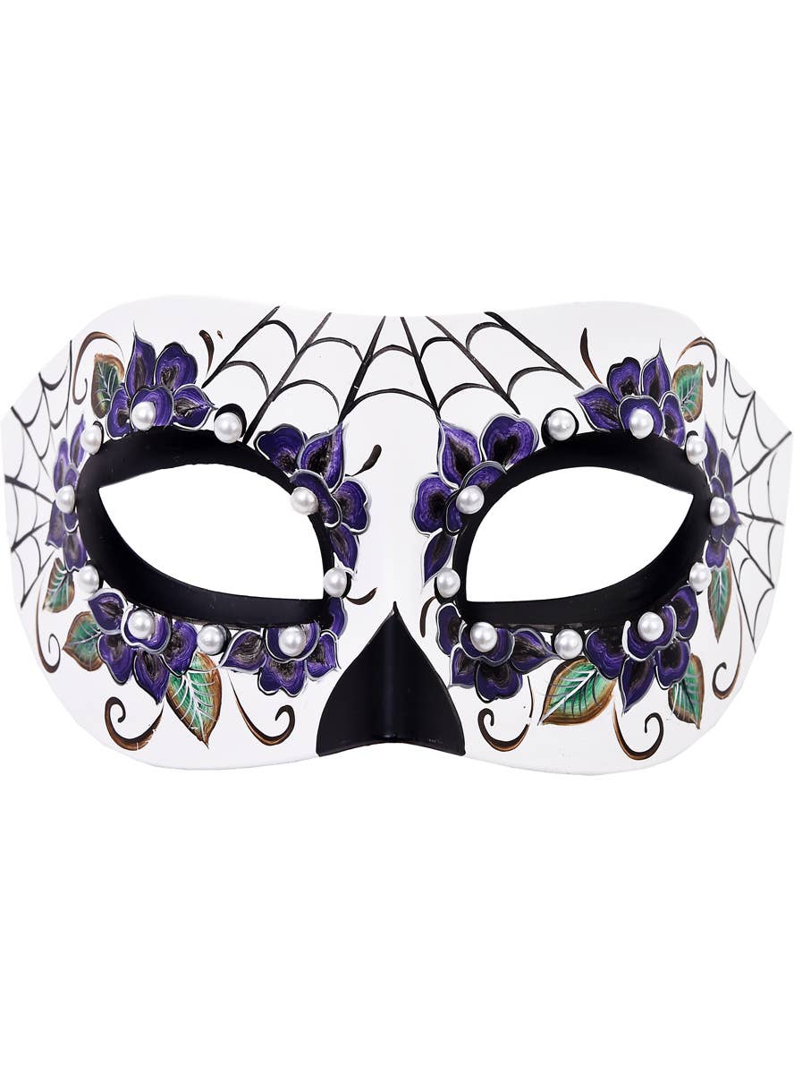 Purple Day of the Dead Masquerade Mask with Pearl Beads