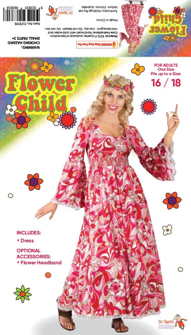 70s Pink Flower Power Hippie Womens Costume