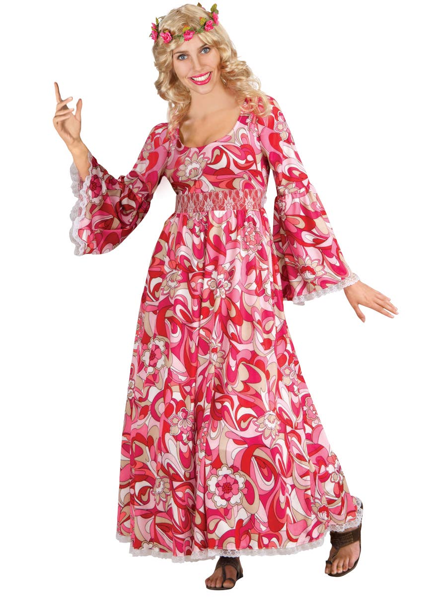 Pink Flower Power Womens 70s Hippie Costume