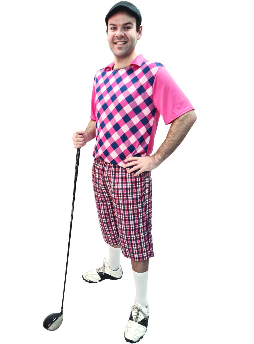 Mens Pink and Blue Golf Uniform Costume Main Image