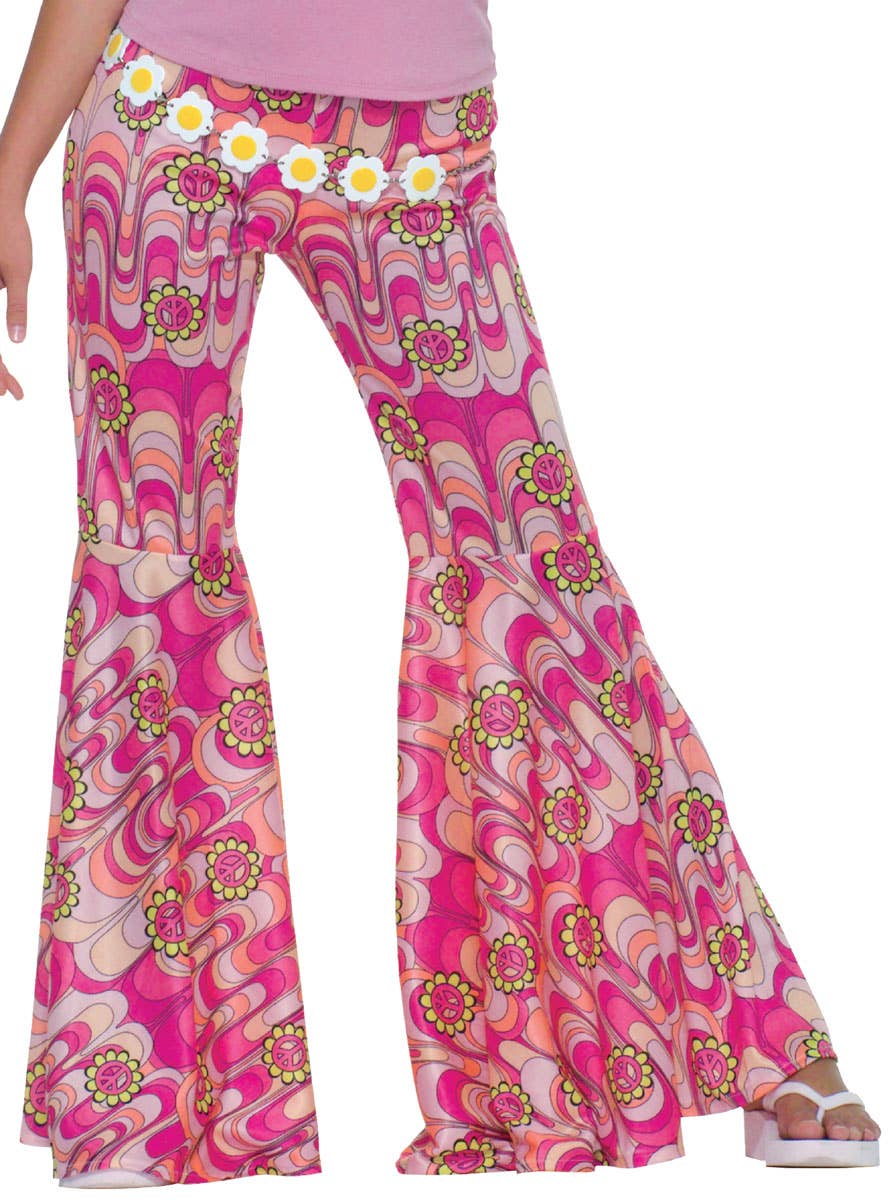 Pink Flower Power Hippie 70s Bell Bottom Costume Pants for Women - Close Image