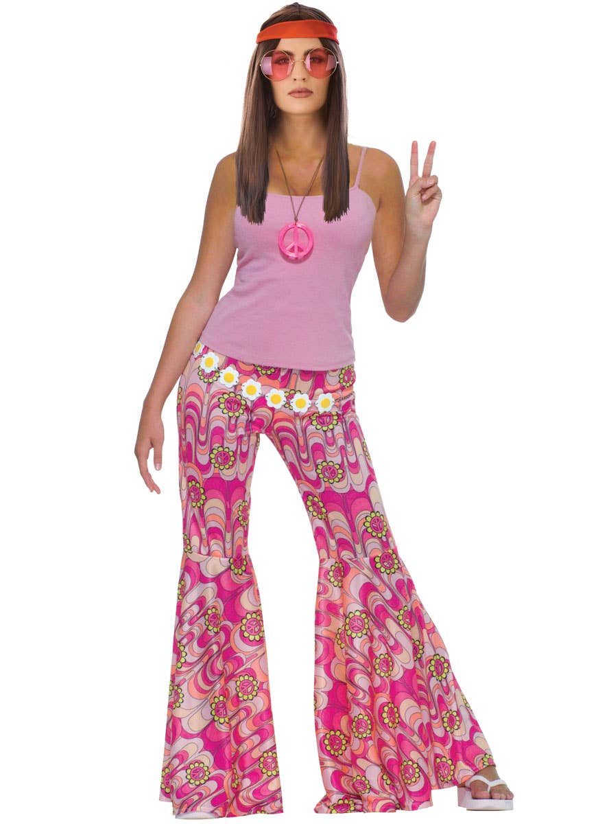 Pink Flower Power Hippie 70s Bell Bottom Costume Pants for Women - Main Image