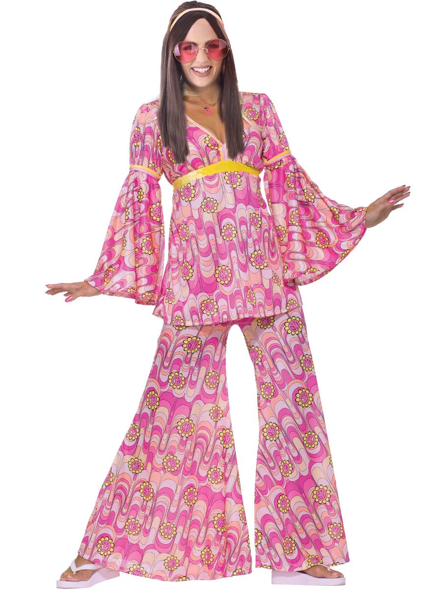 Womens Pink 70s Hippie Fancy Dress Costume