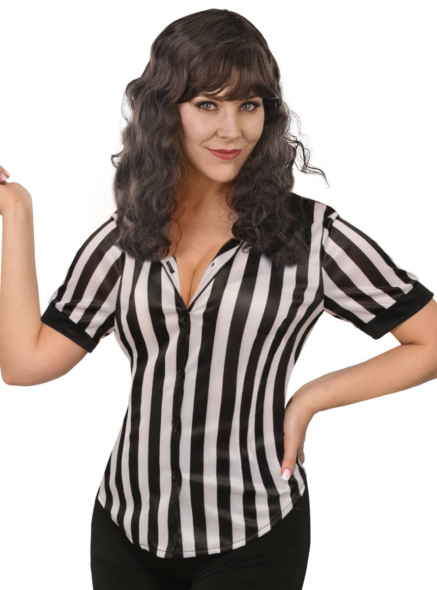 Black and White Striped Women's Referee Costume - Close Up Image