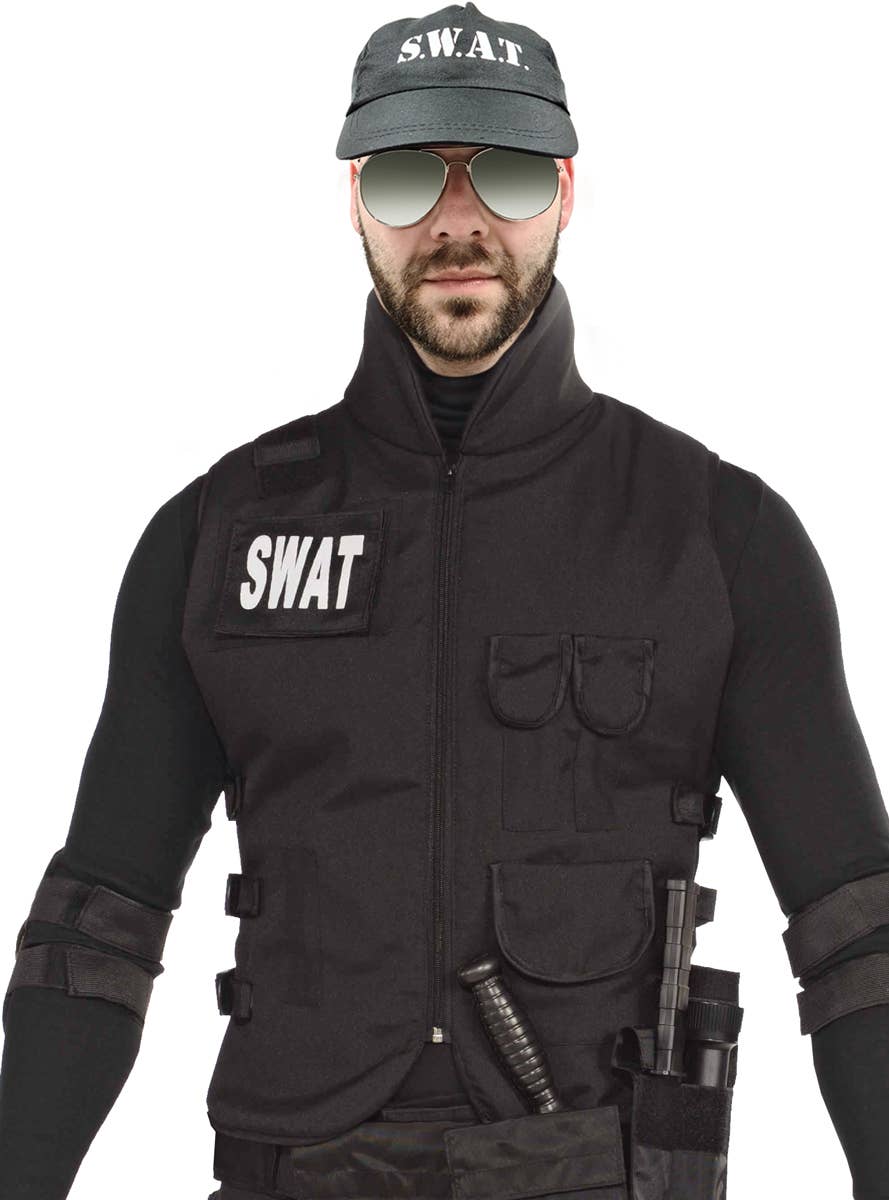 Black SWAT Police Costume Vest for Adults - Close Up Image