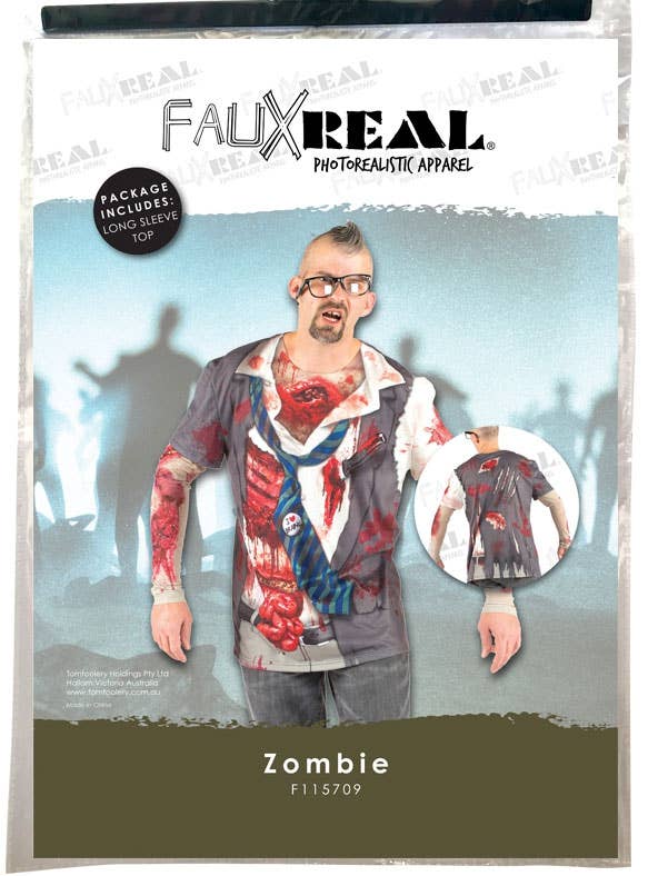 School Boy Zombie Men's Printed Faux Real Costume Shirt Packaging Image