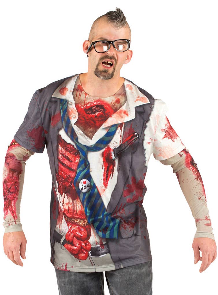 School Boy Zombie Men's Printed Faux Real Costume Shirt Front Image