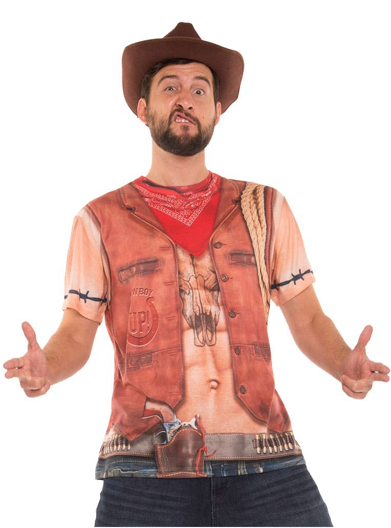Men's Funny Sexy Cowboy Faux Real Printed Costume Shirt