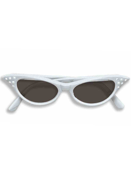 Rock And Roll Black Lens Diamonte Rhinestone White 50s Dress Up Costume Glasses - Main Image