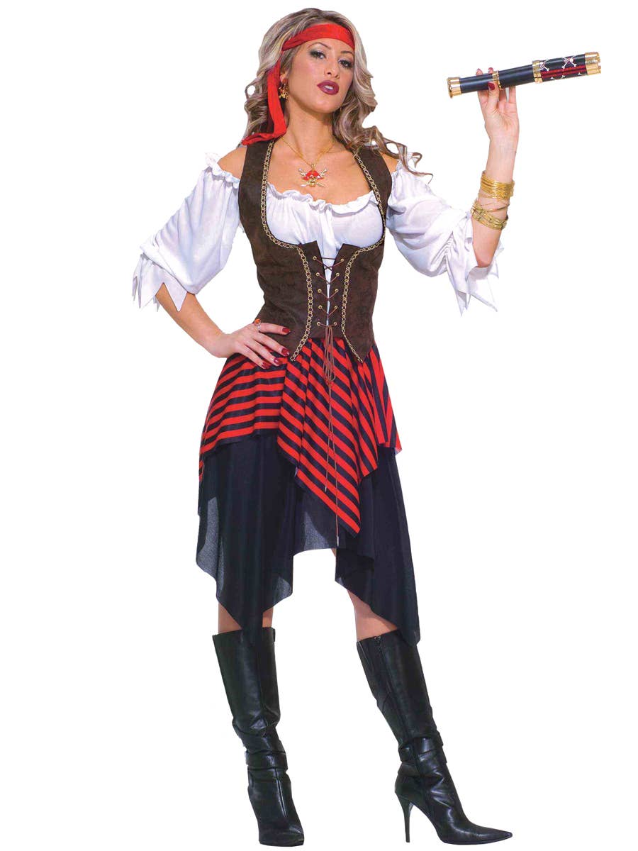 Women's Red Pirate Wench Sweet Buccaneer Seafarer Red and Black Stripe Corset Costume Main Image