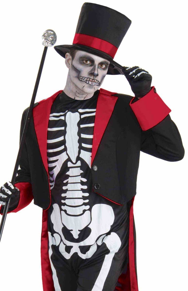 Men's Mr Bone Jangles Black and Red Skeleton Suit Halloween Costume Close Image