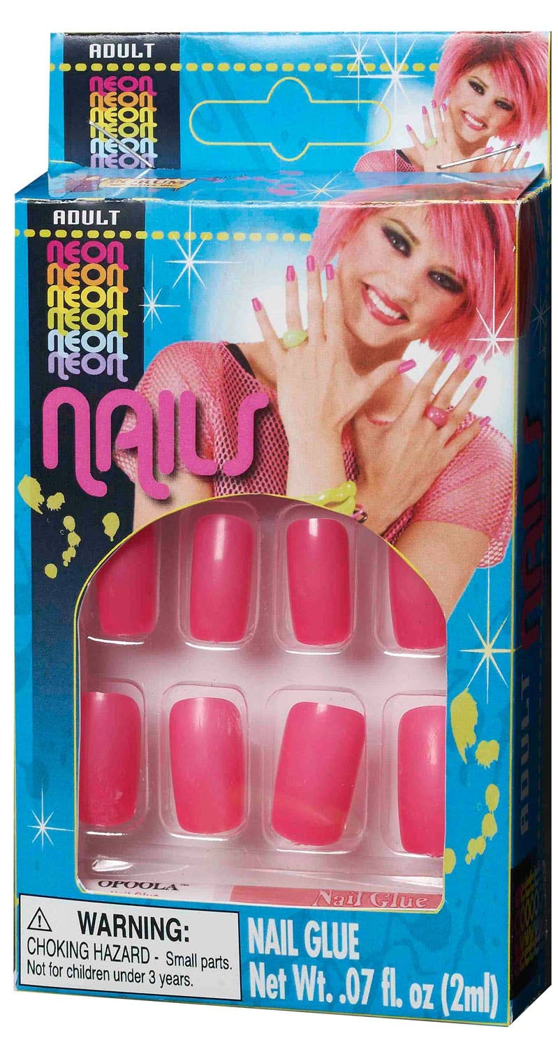 Neon Hot Pink 80's Fashion Adult Stick On Finger Nails Costume Accessory Main Image