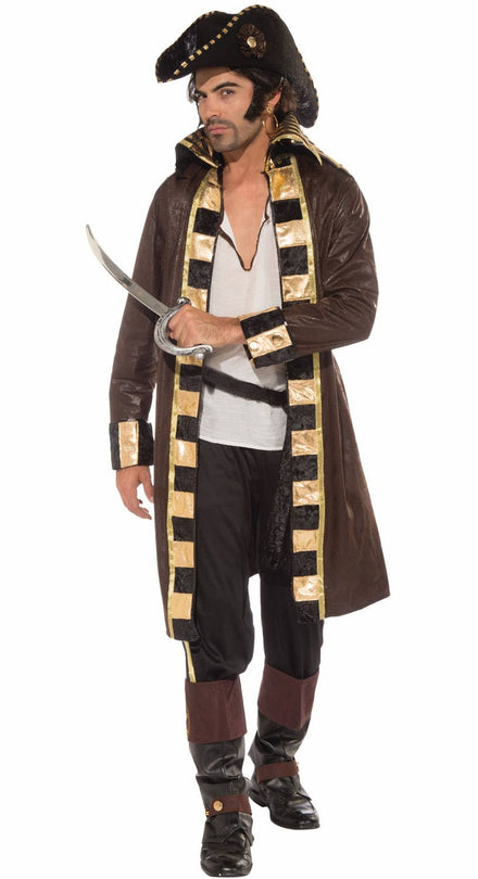 Swashbuckling Long Coat Mottled Brown And Gold Men's Pirate Fancy Dress Costume Main Image