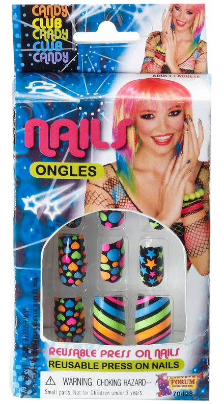 Neon Stars Stripes Hearts And 80's Fashion Spots Stick On Nails Costume Accessory