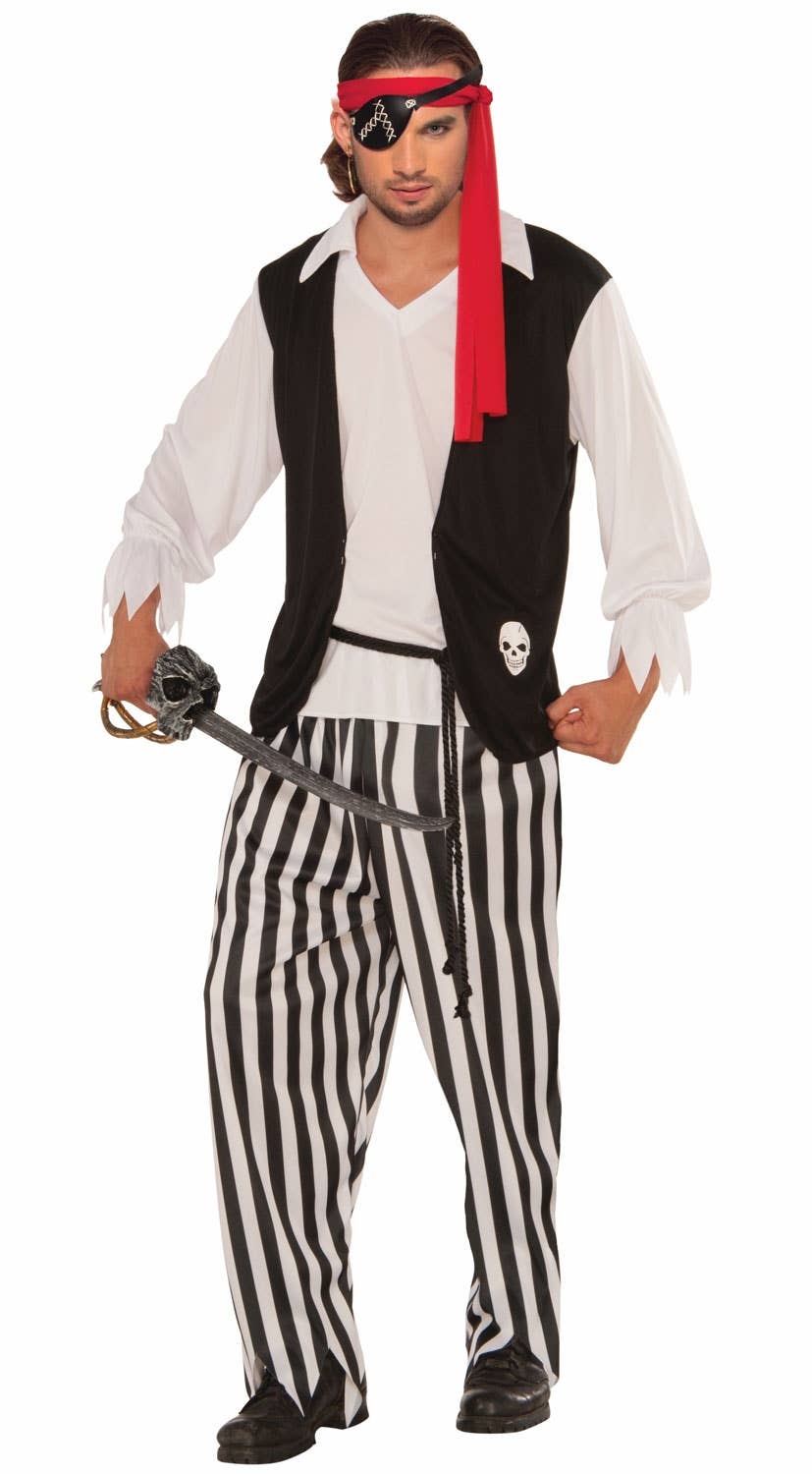 Black and White Skull Vest Pirate Men's Fancy Dress Costume - Main Image