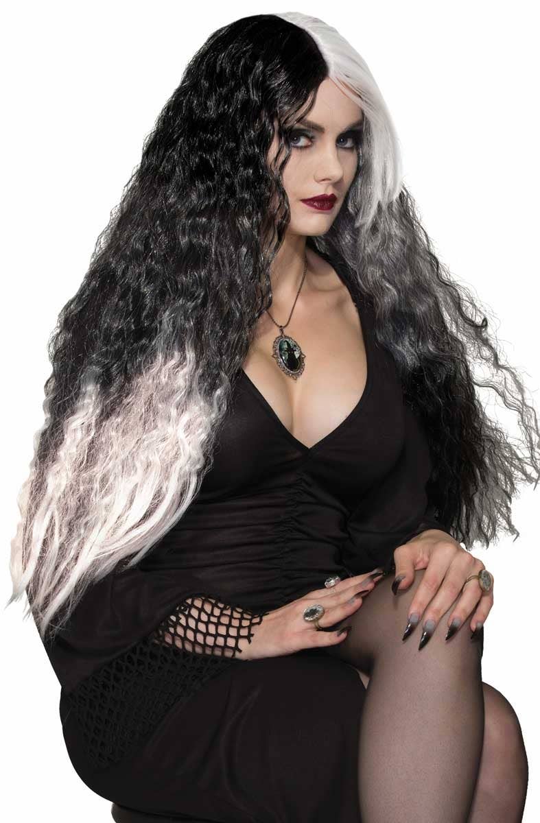 Wicked witch womens long black and white crimped wavy Halloween costume wig