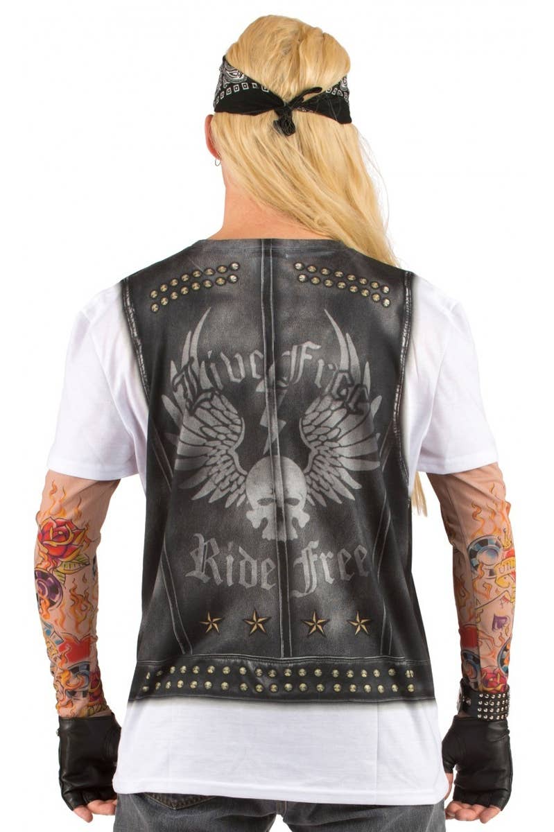 Men's Biker T-shirt and Leather Vest Faux Real Costume Shirt Back