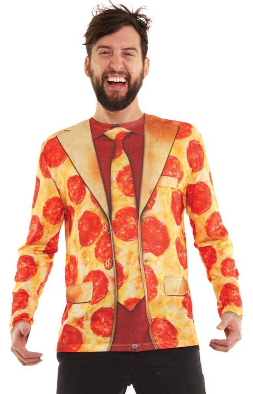 Men's Peperoni Pizza Print Faux Shirt, Tie and Jacket Costume T-shirt Front
