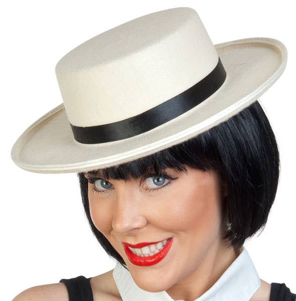 Cream Barbershop Boater Costume Hat with Black Satin Hat Band  - Alternative View 2