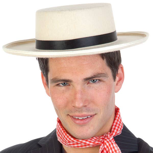 Cream Barbershop Boater Costume Hat with Black Satin Hat Band  - Alternative View