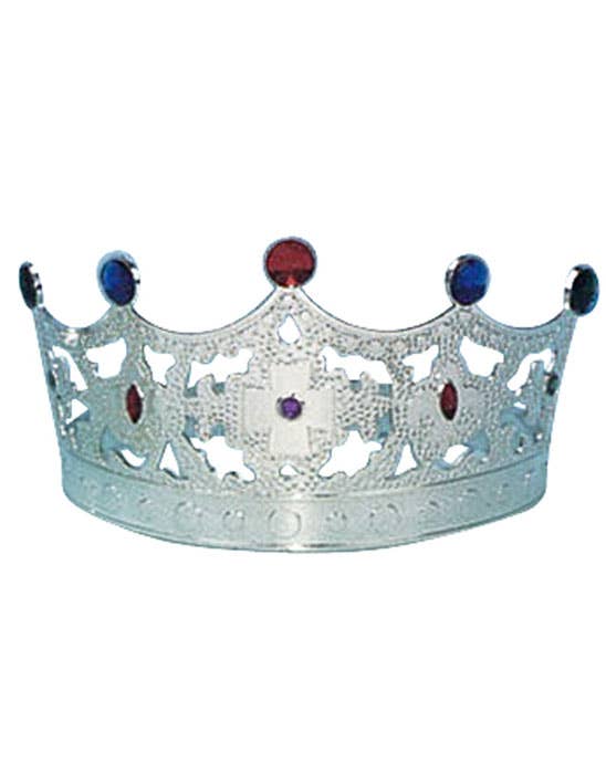 Silver Plastic Costume Crown with Attached Faux Jewels