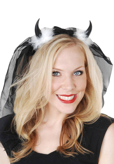 Black Devil Horns with Black Veil Costume Accessory