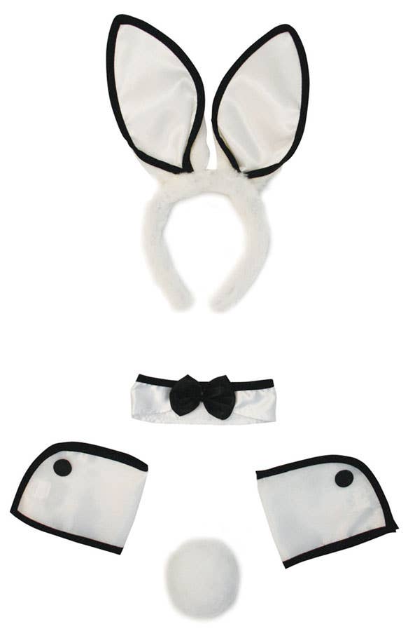 Black and White Playboy Bunny Costume Accessory Kit with Bunny Ears Headband, Collar, Wrist Cuffs and Rabbit Tail - Alternative Image