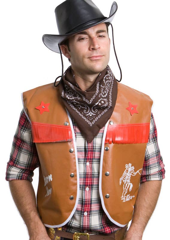 Brown Vinyl Western Hero Cowboy Vest and Bandana Costume Set for Adults