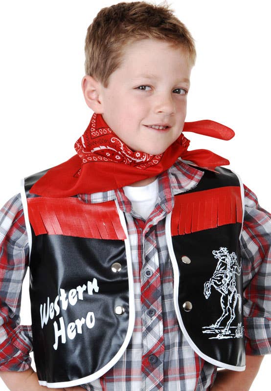 Kids Black and Red Vinyl Cowboy Vest and Bandana Costume Accessory Kit - Main Image