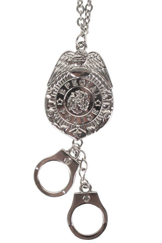 Novelty Silver Metal Police Badge Necklace Pendant with Dangling Handcuffs