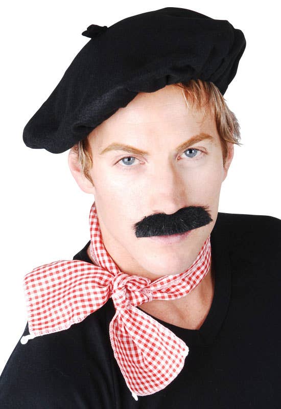 Frenchmen Costume Accessory Kit with Black Beret, Red and White Chequered Scarf and Black Stick On Moustache