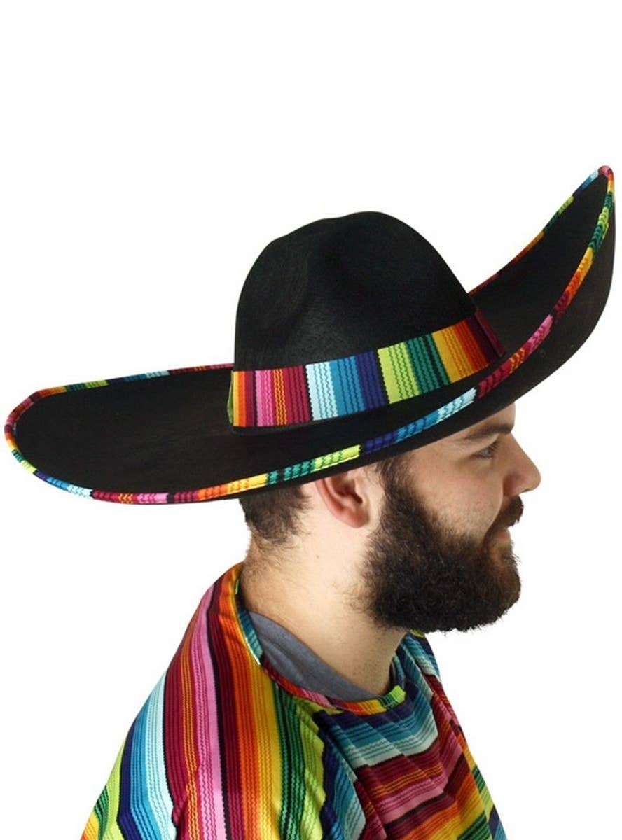 Oversized Black Mexican Sombrero Hat with Rainbow Trim Side Image