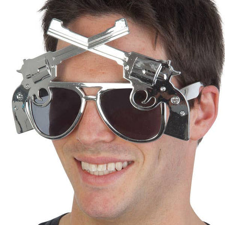 Metallic Silver Double Pistol Guns Costume Glasses - Main View