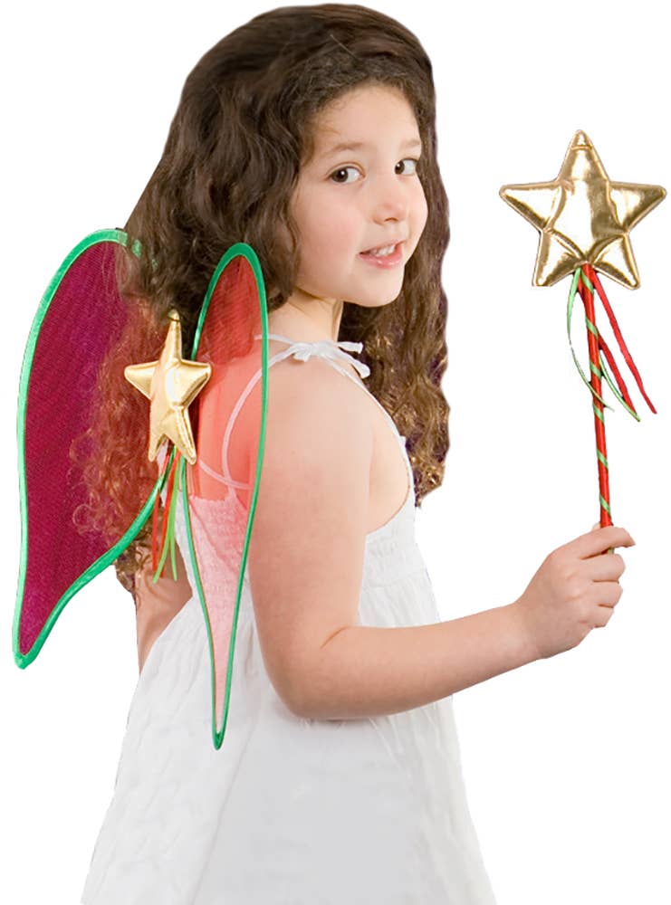 Red and Green Christmas Angel Wings and Wand Set for Kids