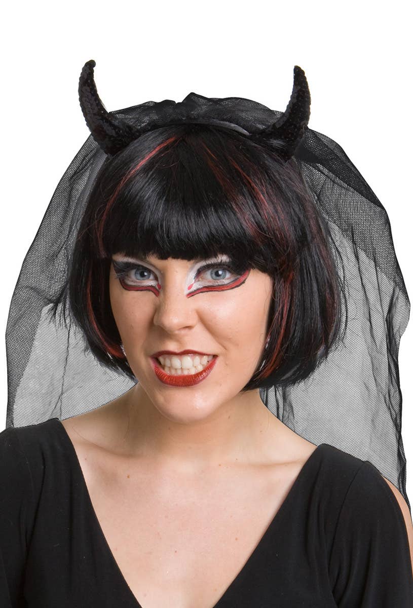 Black Sequin Devil Costume Horns with Mesh Veil