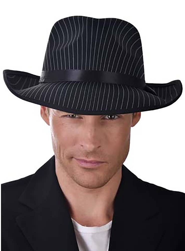 Mens Black 1920s Gangster Fedora Hat with Pinstripes Costume Accessory - Alternative Image
