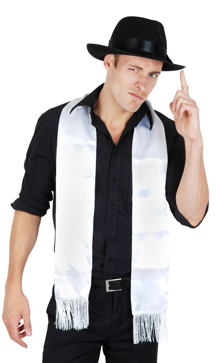 White Satin Gangster Costume Scarf with Tassels